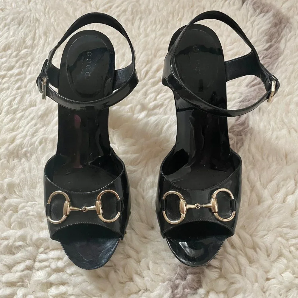 Gucci Sand Pelle Peep Toe S CUOIO Patent Leather Vernice Heels 38 - Picture 2 of 12